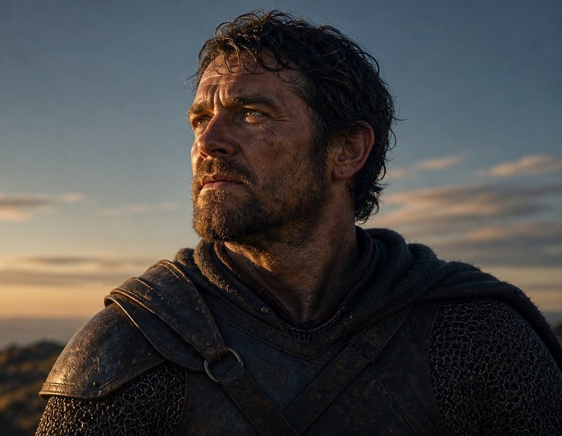 A weathered warrior in armor looks toward the dawn from a mountaintop
